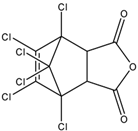 Chemical structure of 1,4,5,6,7,7-Hexachloro-5-norbornene-2,3-dicarboxylic acid anhydride | 115-27-5