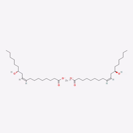 Chemical structure of zinc ricinoleate, zinc bis[(9Z,12R)-12-hydroxy-9-octadecenoate]